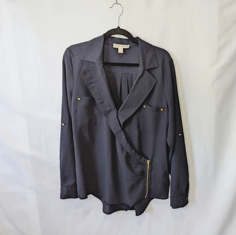 Michael Kors Women's Navy Gold Accents Wrap Blouse, size Large